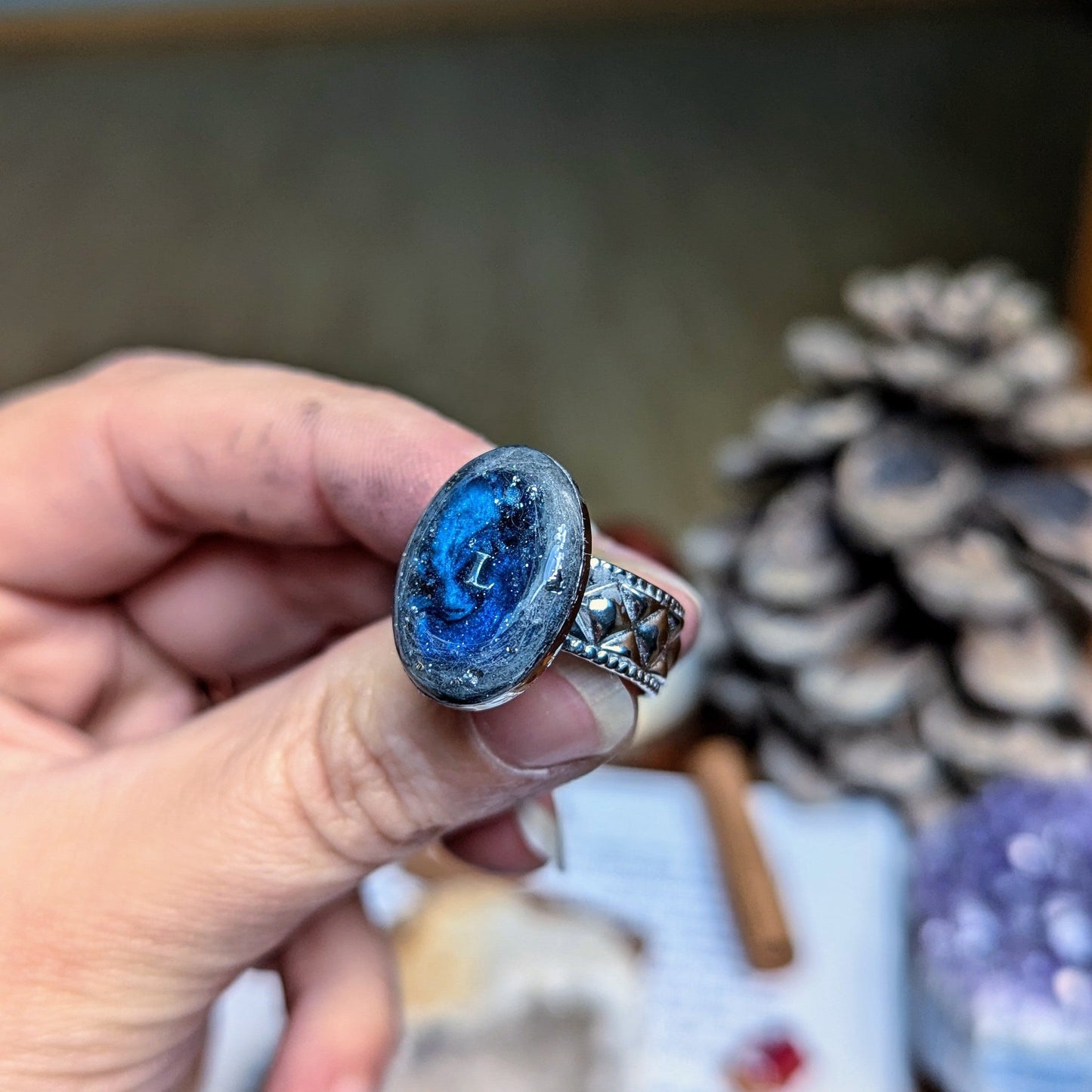 bague bleu et argent poils de chat